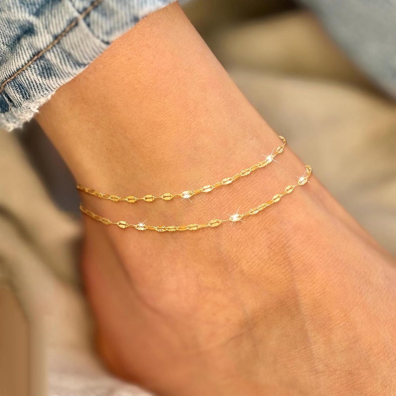 Robaice Ankle Bracelets for Women, Glitter Waterproof Adjustable Anklet for Women, 14K Gold Plated/Sterling Silver Layered Anklets, Summer Beach Anklet Jewelry for Women Gift - Image 3